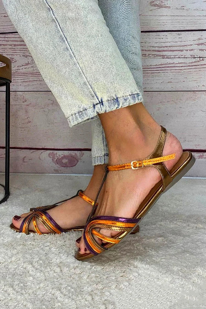 Florine™ | Goudkleurige sandalen met kleurrijke bandjes