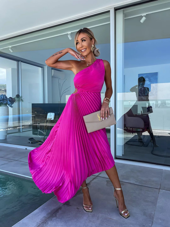 ELLA | One-Shoulder Plissé Midi-jurk