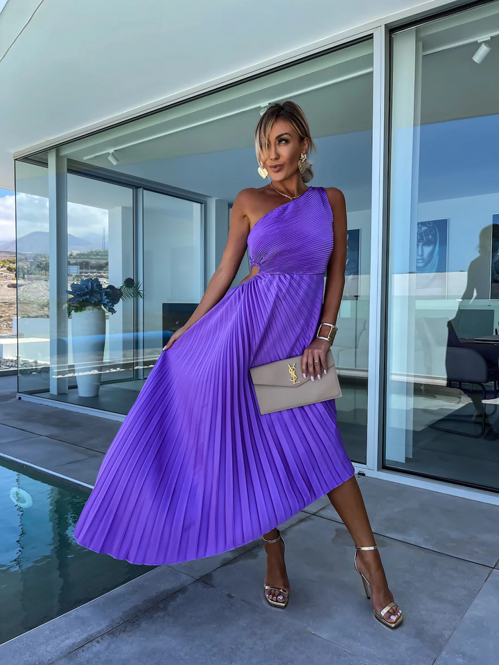 ELLA | One-Shoulder Plissé Midi-jurk