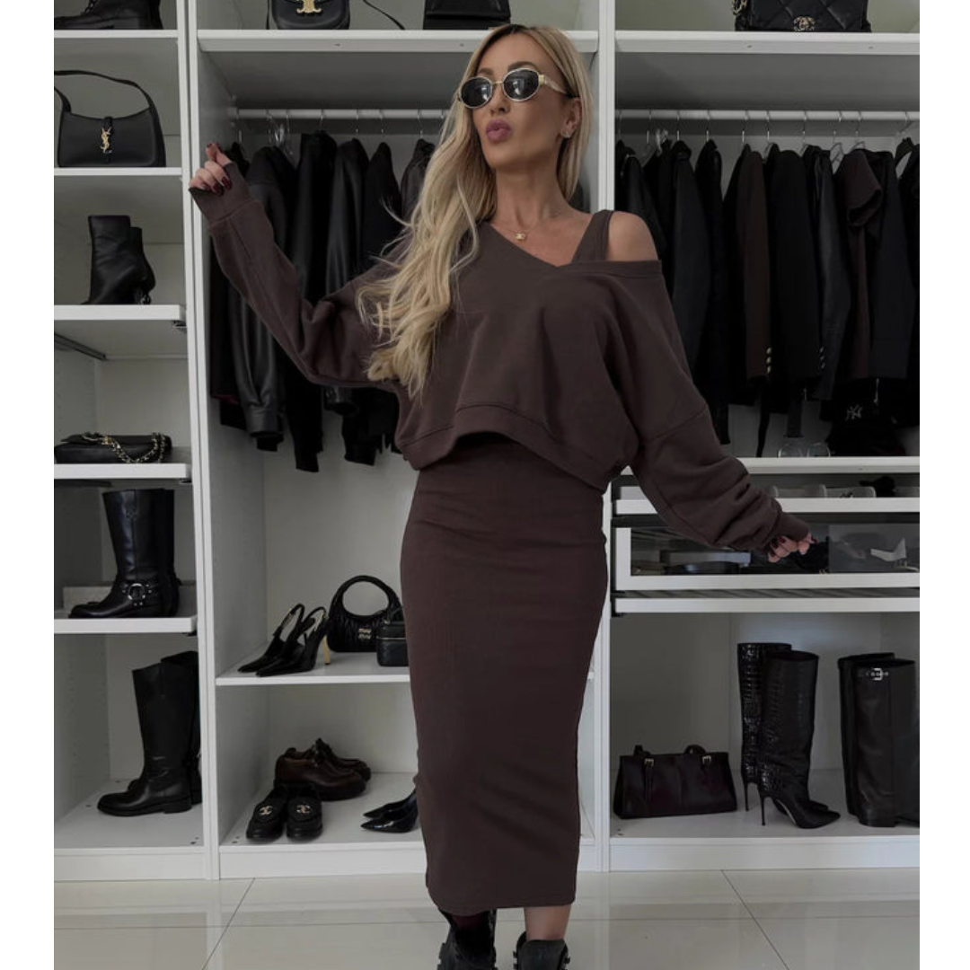 Senna | Set met Cold-Shoulder top & Midi-Rok