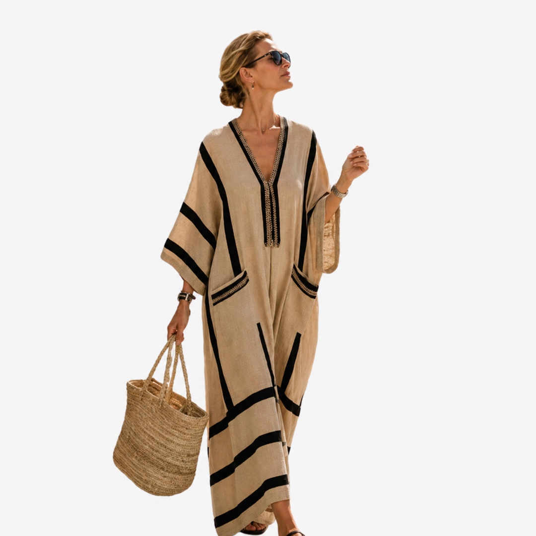 Lange Caftan - Beige met zwart