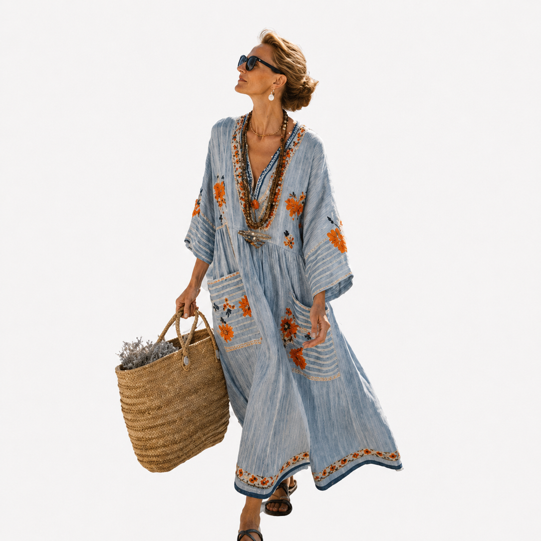 Lange Caftan - Blauw met kleurrijke accenten
