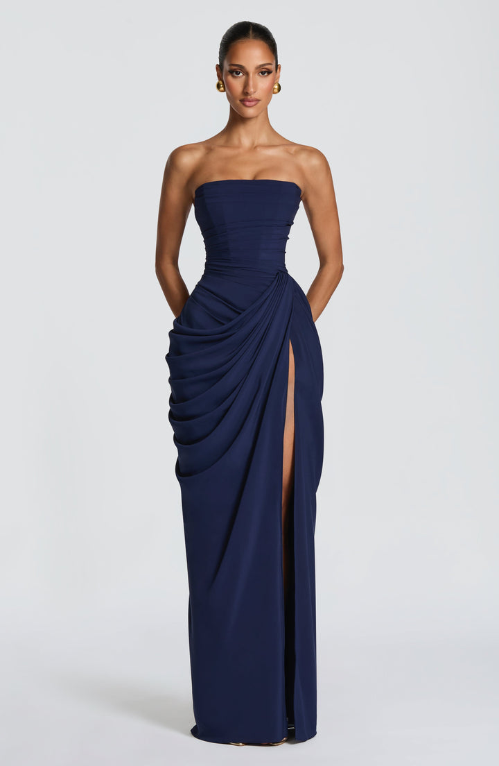 HANNAH | Elegante Maxi-jurk met Drapering en Hoge Split