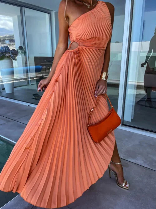 ELLA | One-Shoulder Plissé Midi-jurk